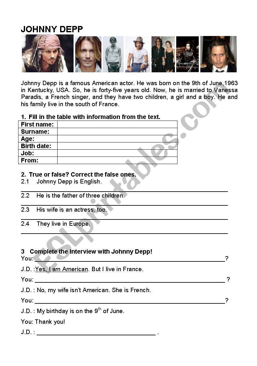 Johny Depp worksheet