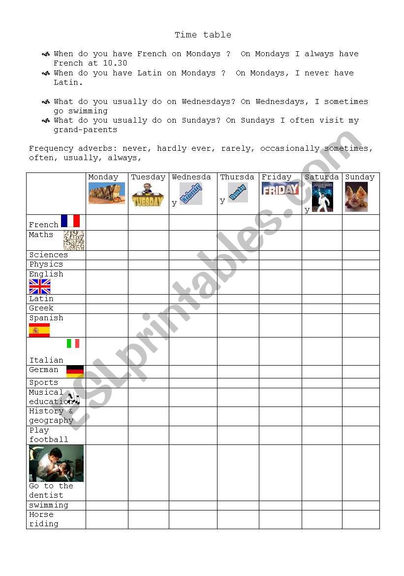 timetable worksheet