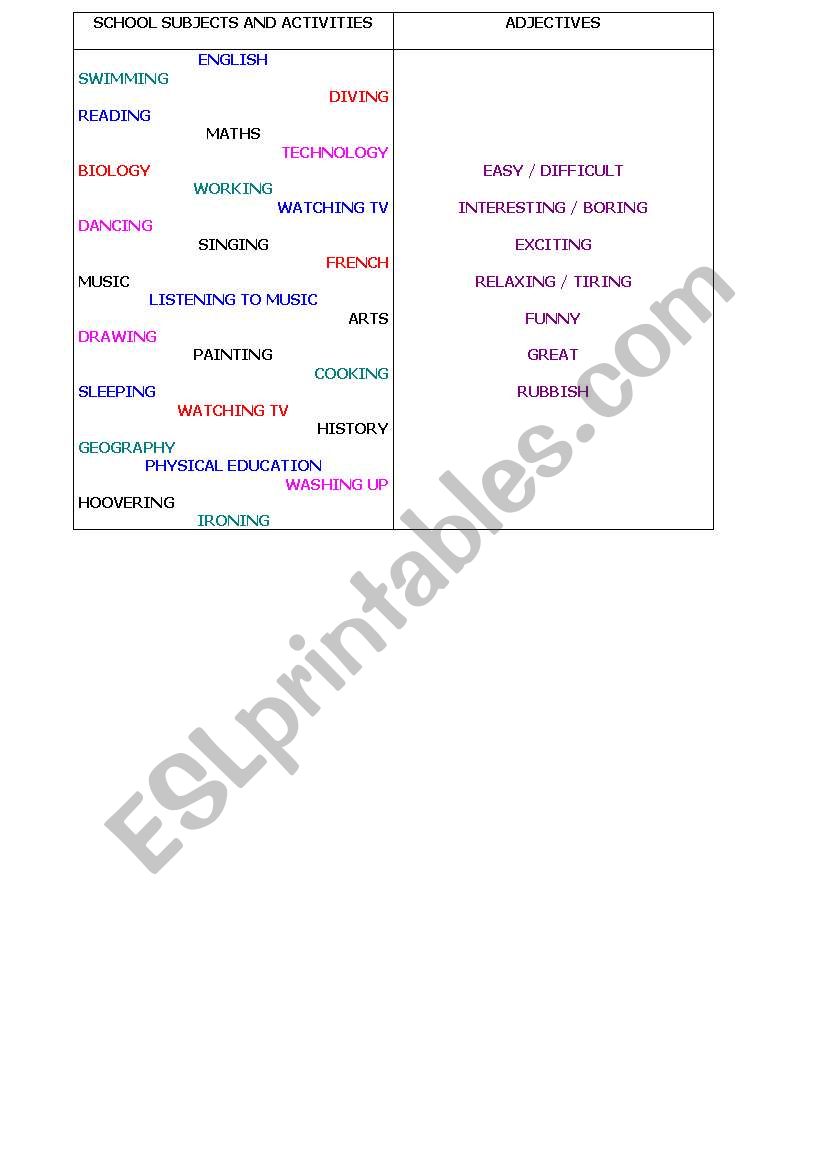 likes dislikes adjectives worksheet