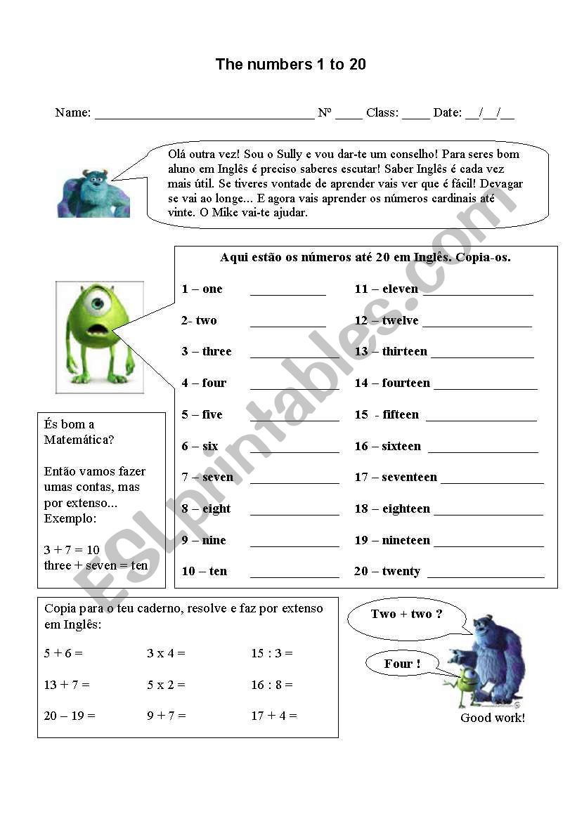 Numbers 1 to 20 worksheet