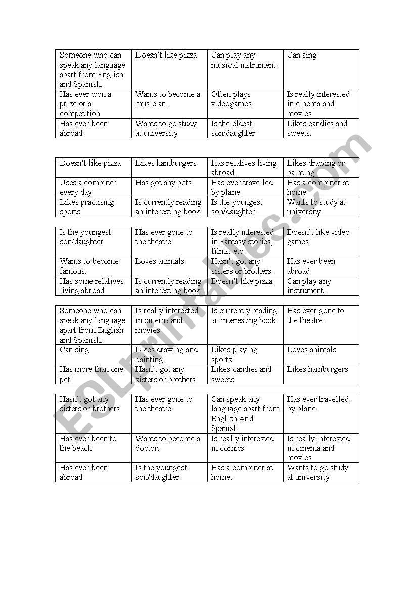 Asking for information Bingo worksheet