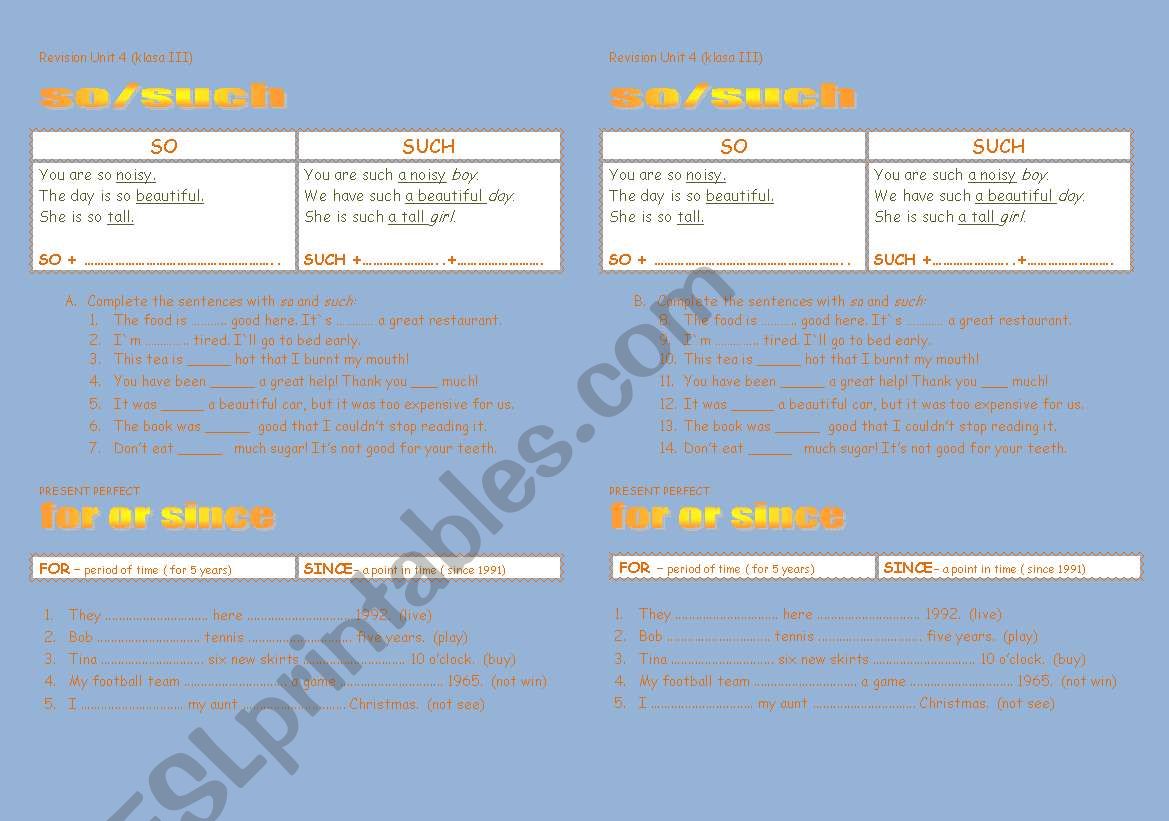 So vs. such, For vs since worksheet