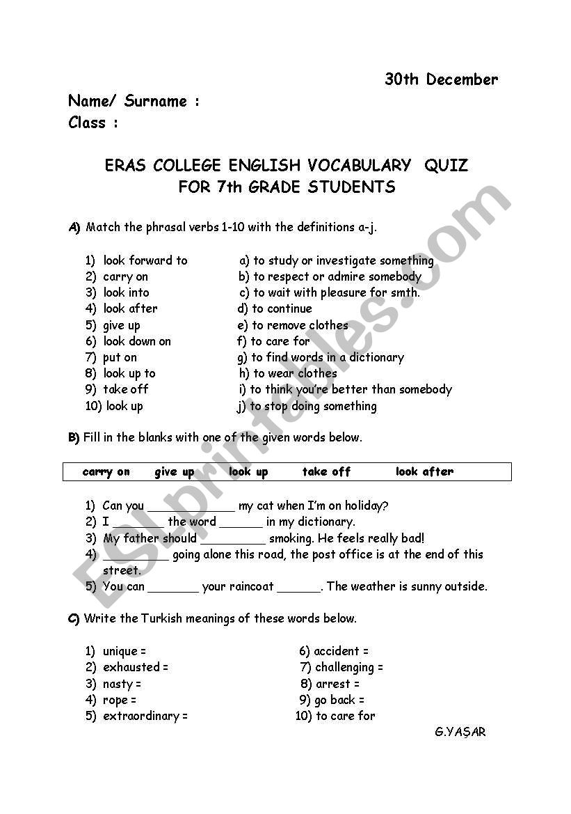 Vocabulary Quiz for 7th grade students