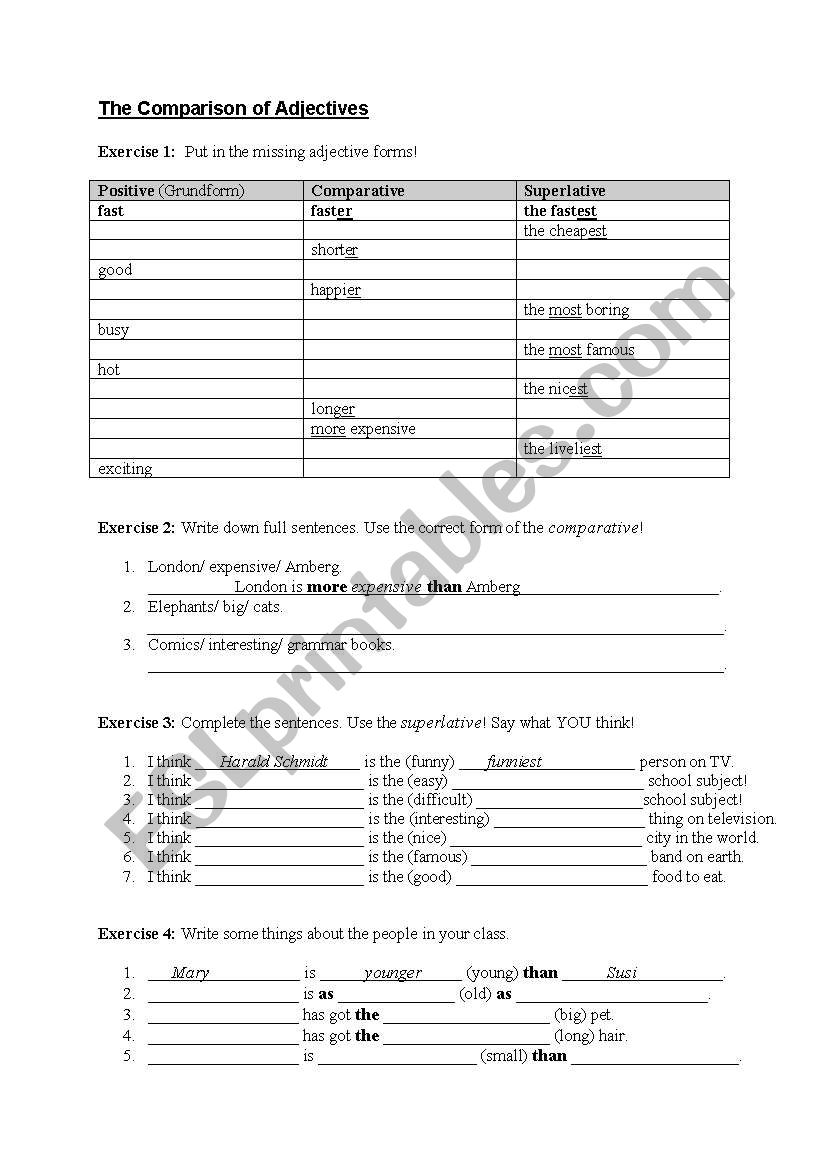 Comparison of adjectives worksheet