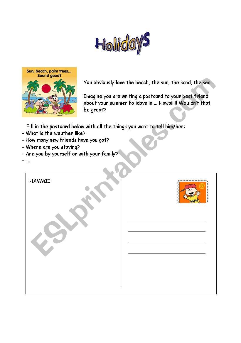 Holidays - writing a postcard worksheet