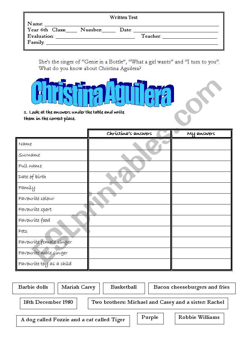 Personal information worksheet