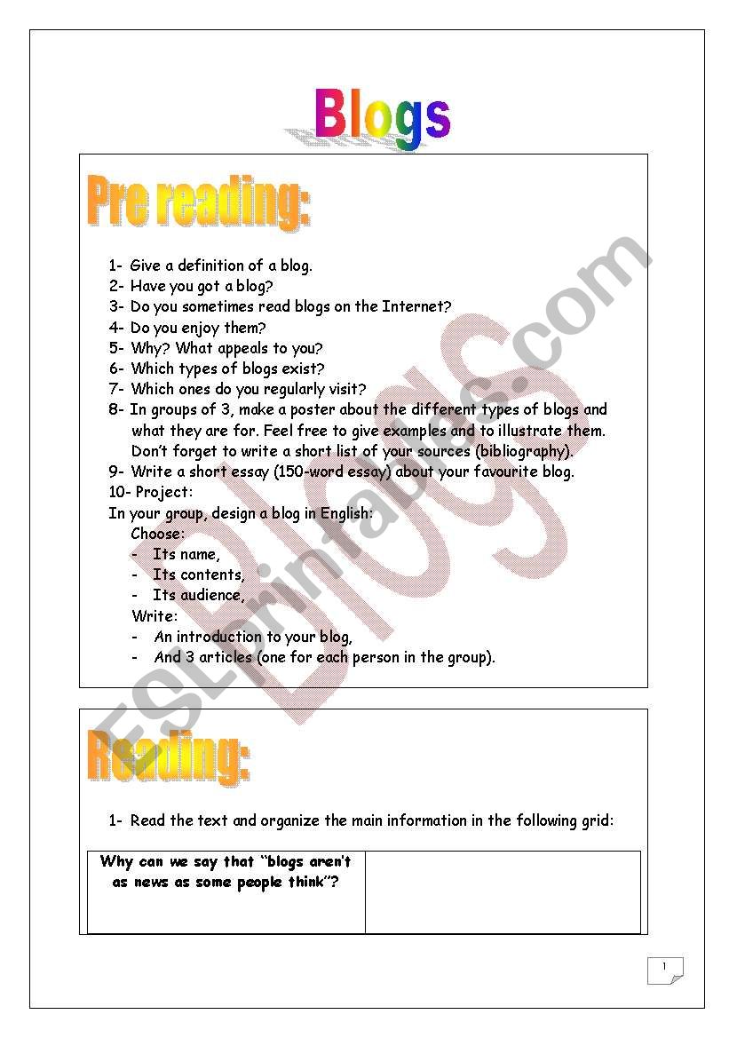 Blogs Project  (reading & pre reading tasks) (plainer version / less colour)