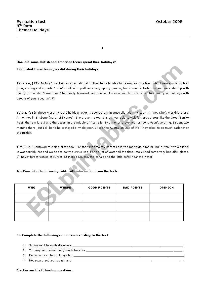 test - holidays worksheet