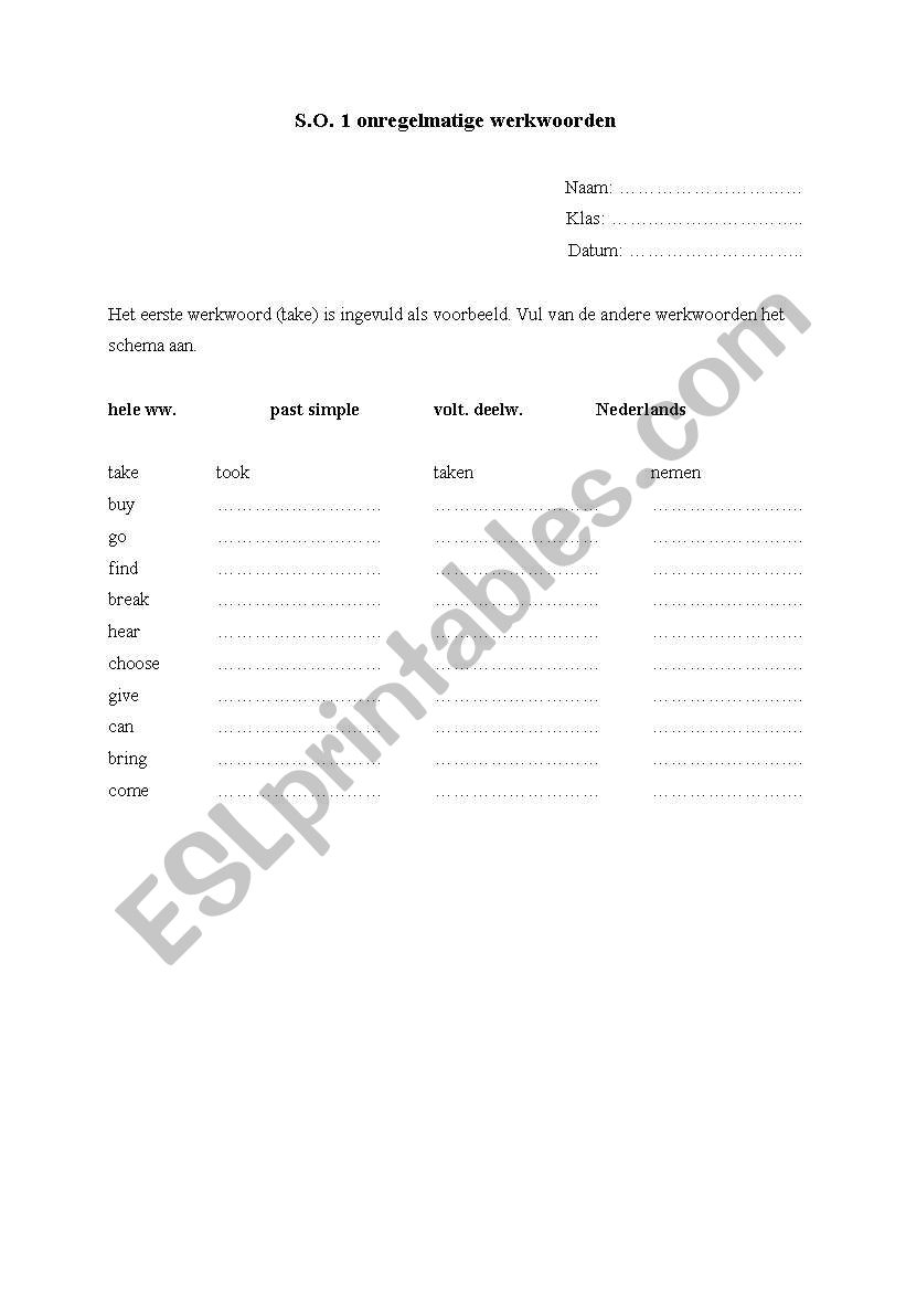 test irregular verbs worksheet