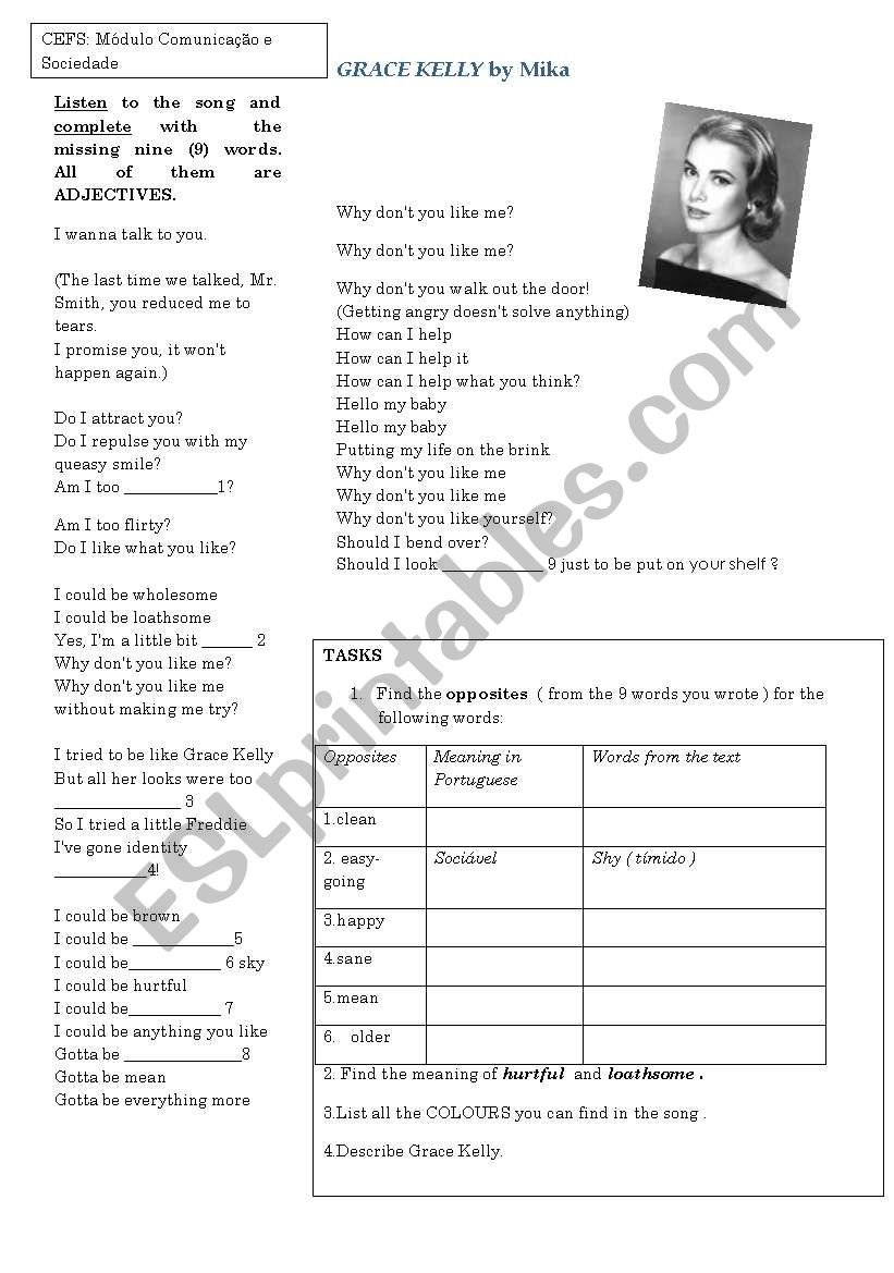 Grace Kelly by Mika  worksheet