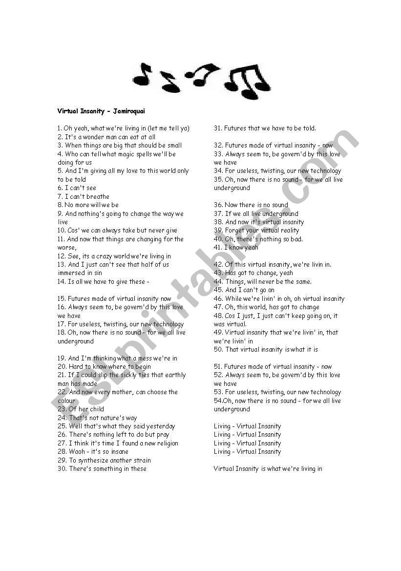 Virtual Insanity - Jamiroquai worksheet