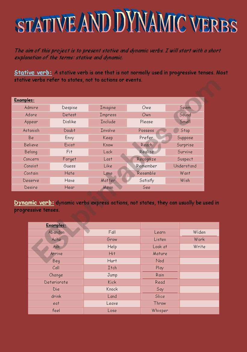 Stative and dynamic verbs worksheet