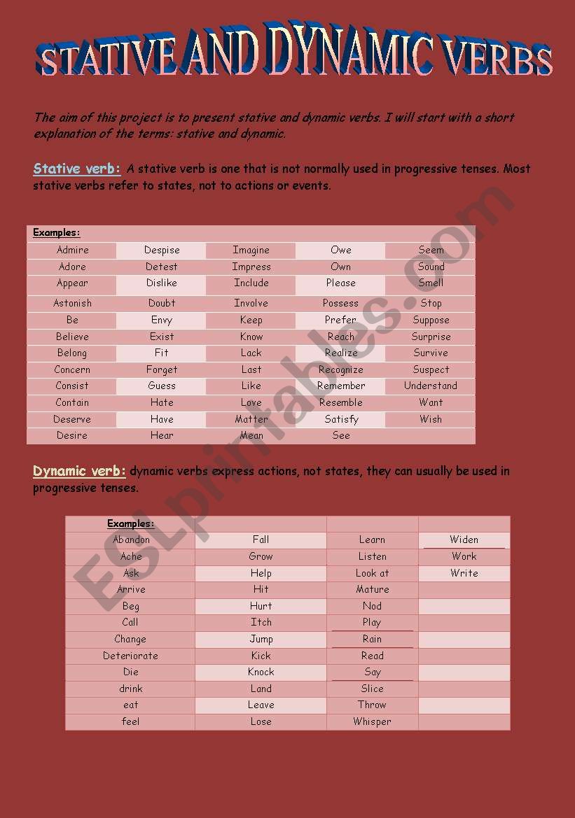 Stative And Dynamic Verbs ESL Worksheet By Anetka22