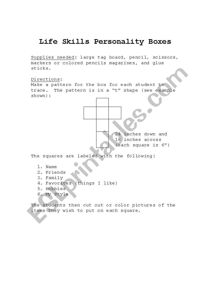 Personality Box worksheet