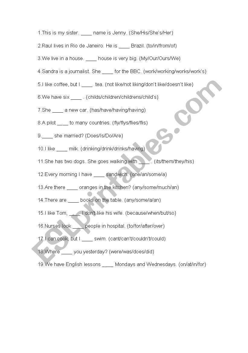 Elementary test worksheet