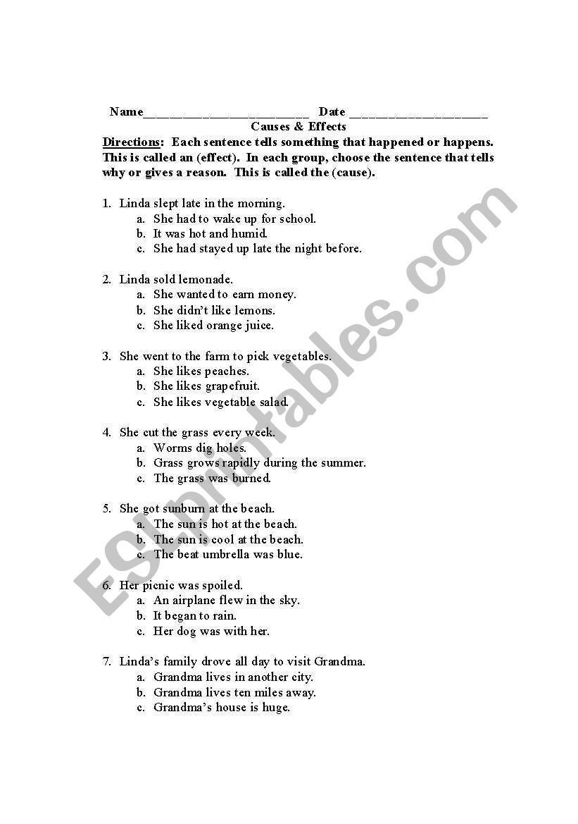 C auses and Effects worksheet