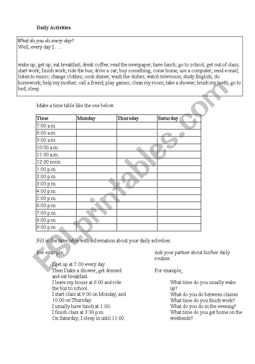 daily activities worksheet