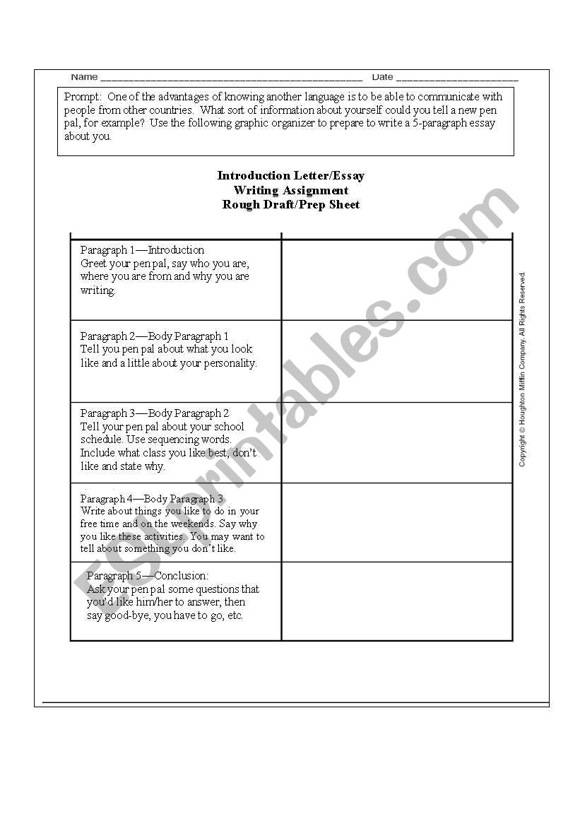 Graphic Organizer for Letter/Essay of Self Introductions