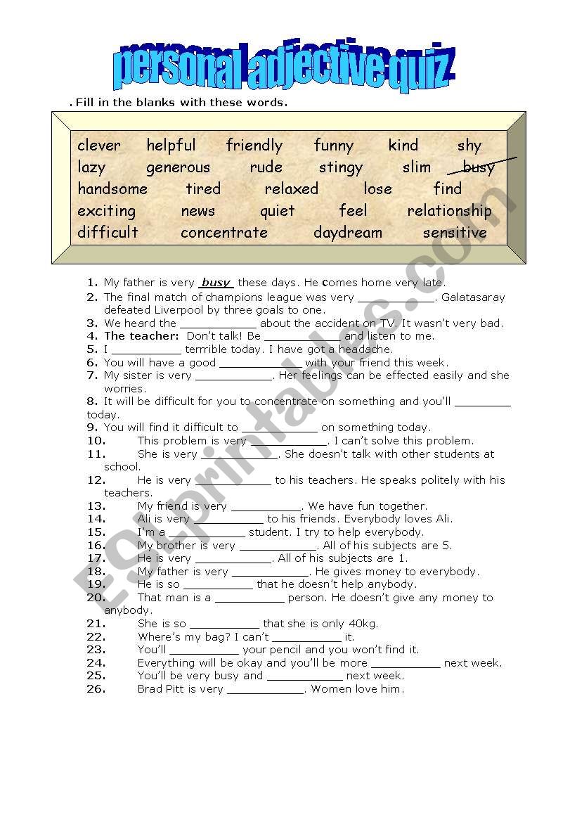 personal adj quiz worksheet