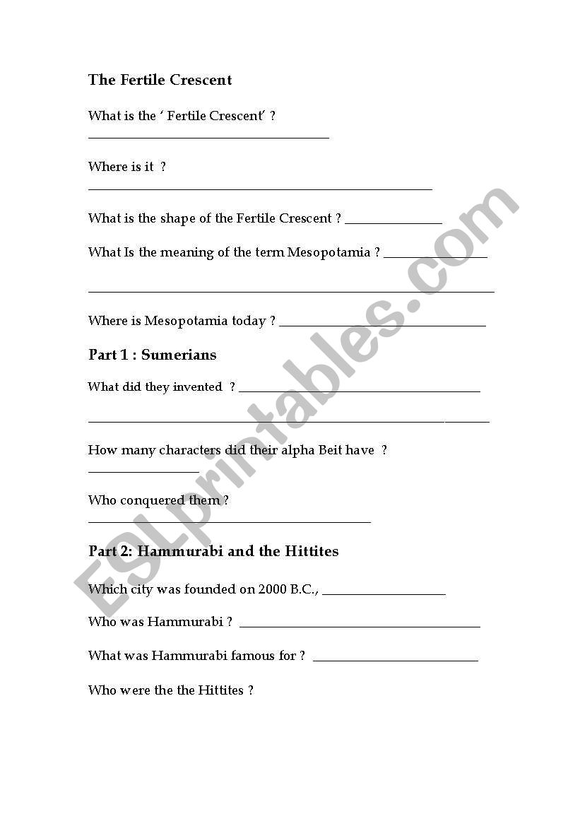 Mesopotamia questions worksheet