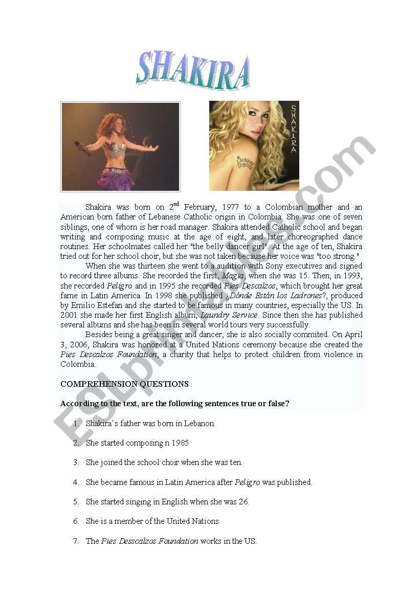 SHAKIRA worksheet