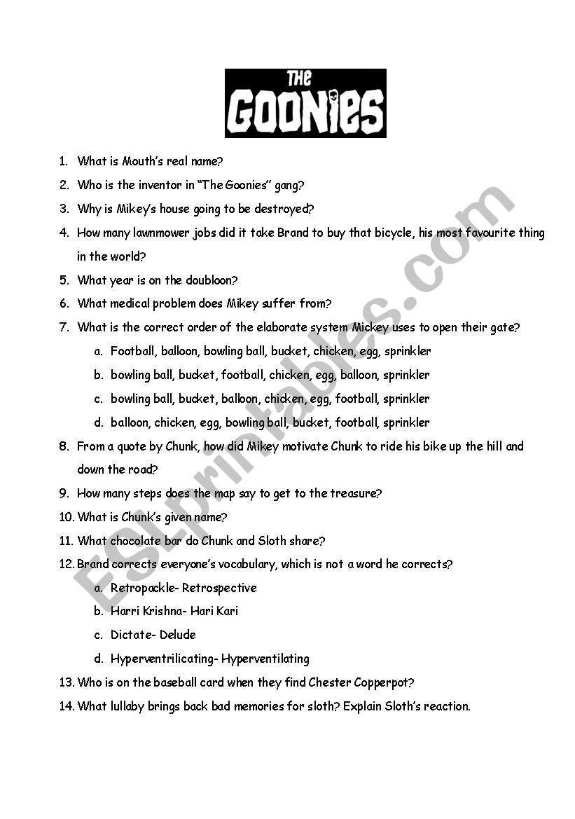 movie quiz goonies worksheet