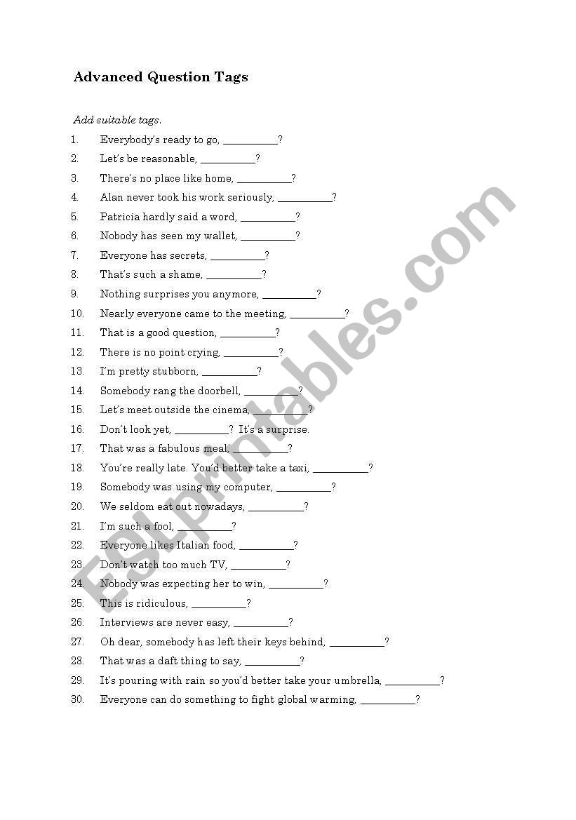 advanced question tags esl worksheet by colibrita