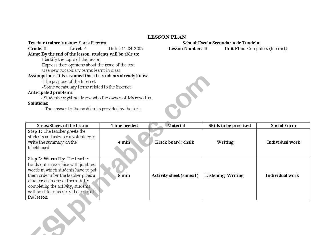 Reading Lesson Plan about internet/computers