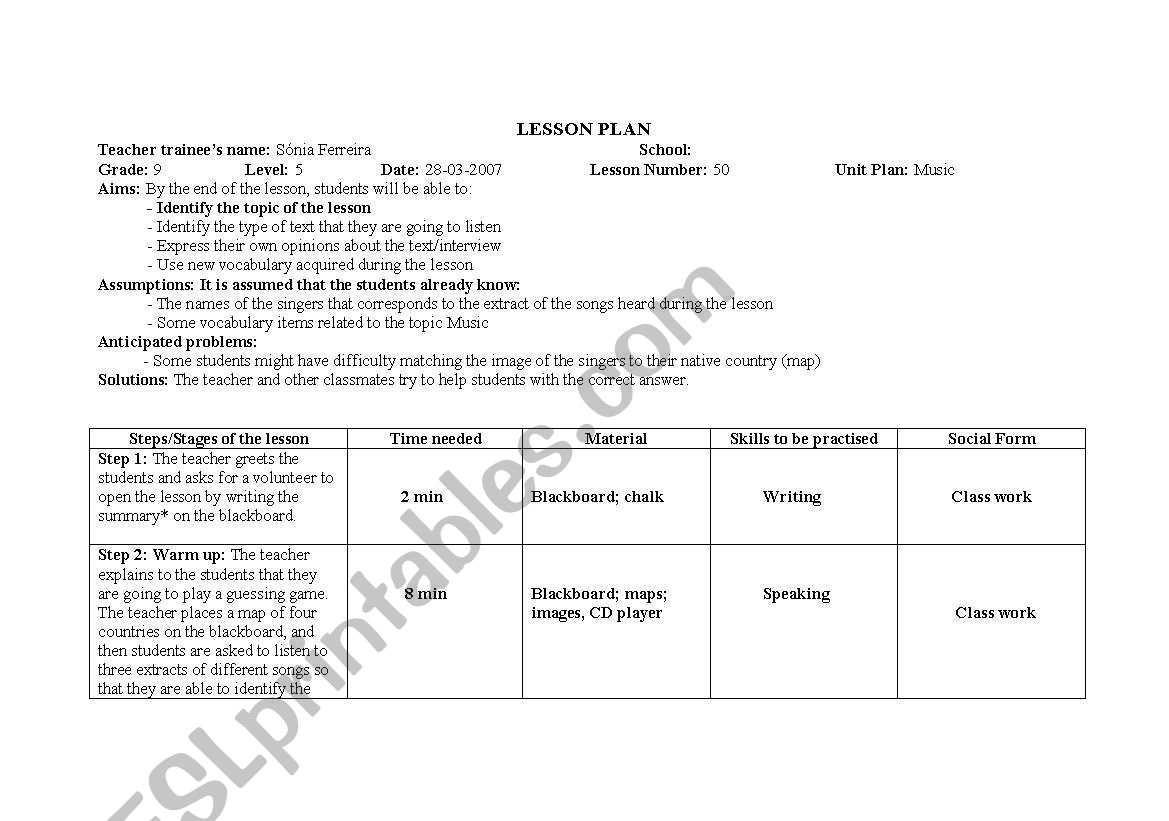 Lesson plan about Music worksheet