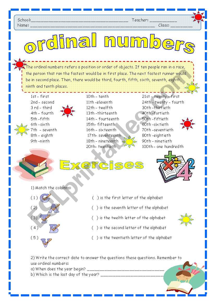 Ordinal Numbers Printable Worksheet