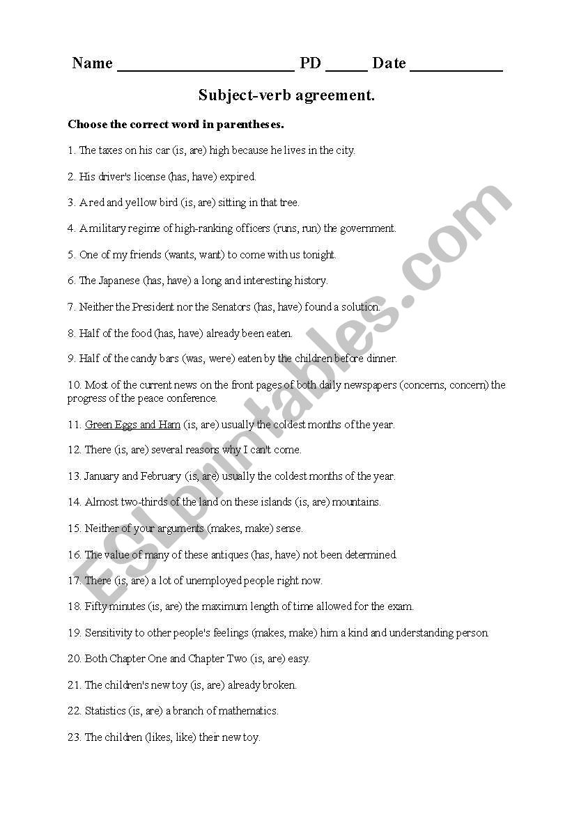 Subject Verb Agreement worksheet