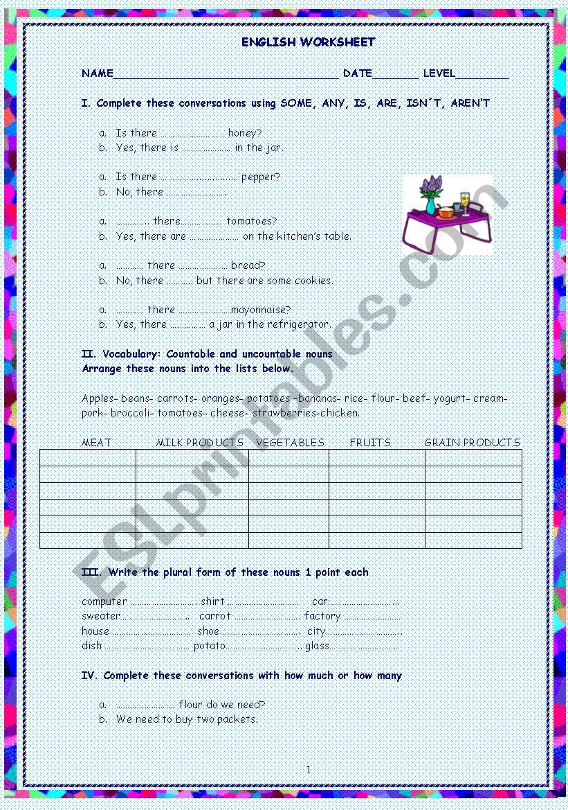 Countable and Uncountables nouns, quantifiers and food vocabulary