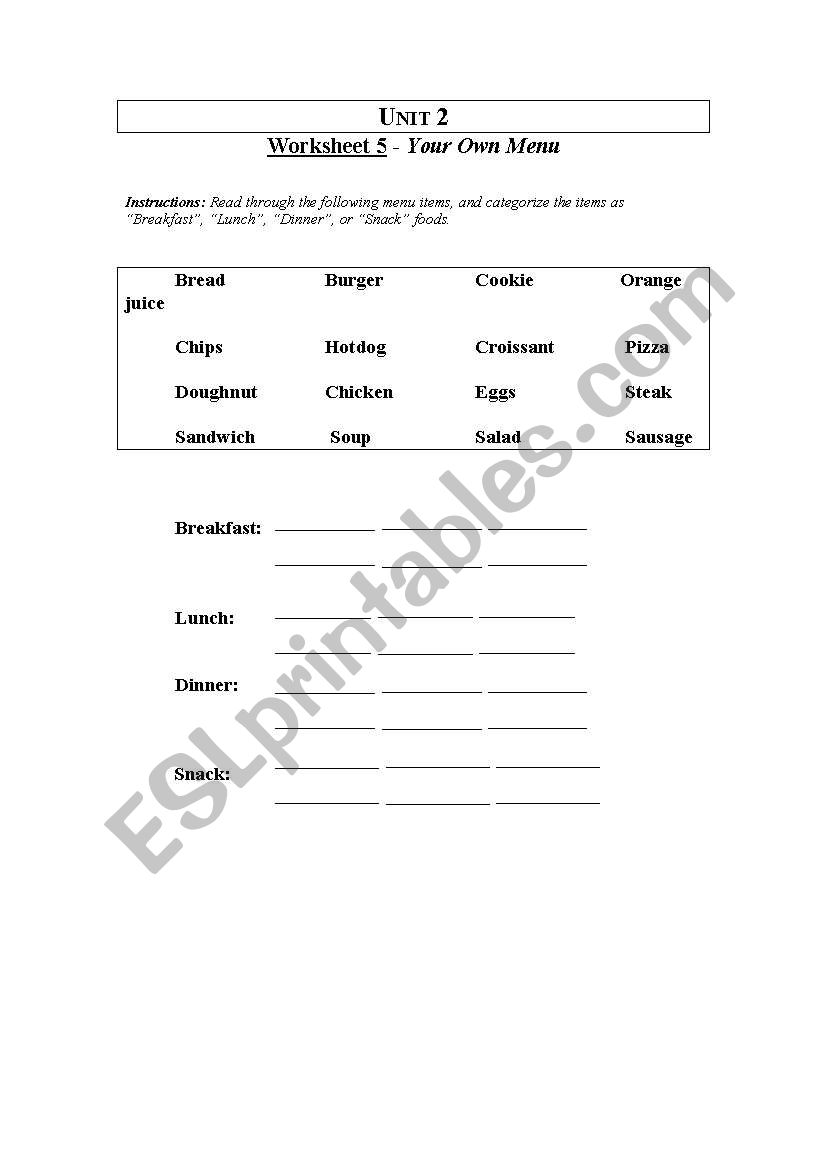 Food and drink worksheet