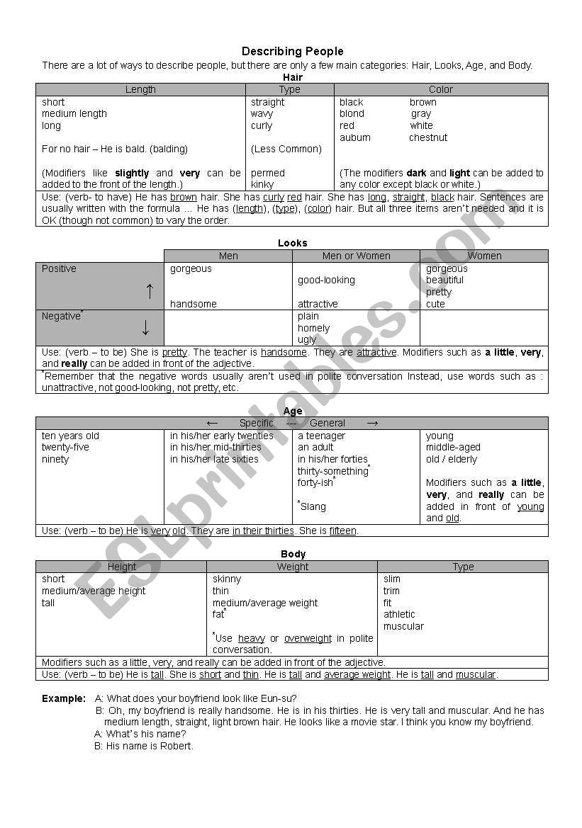 Describing people worksheet