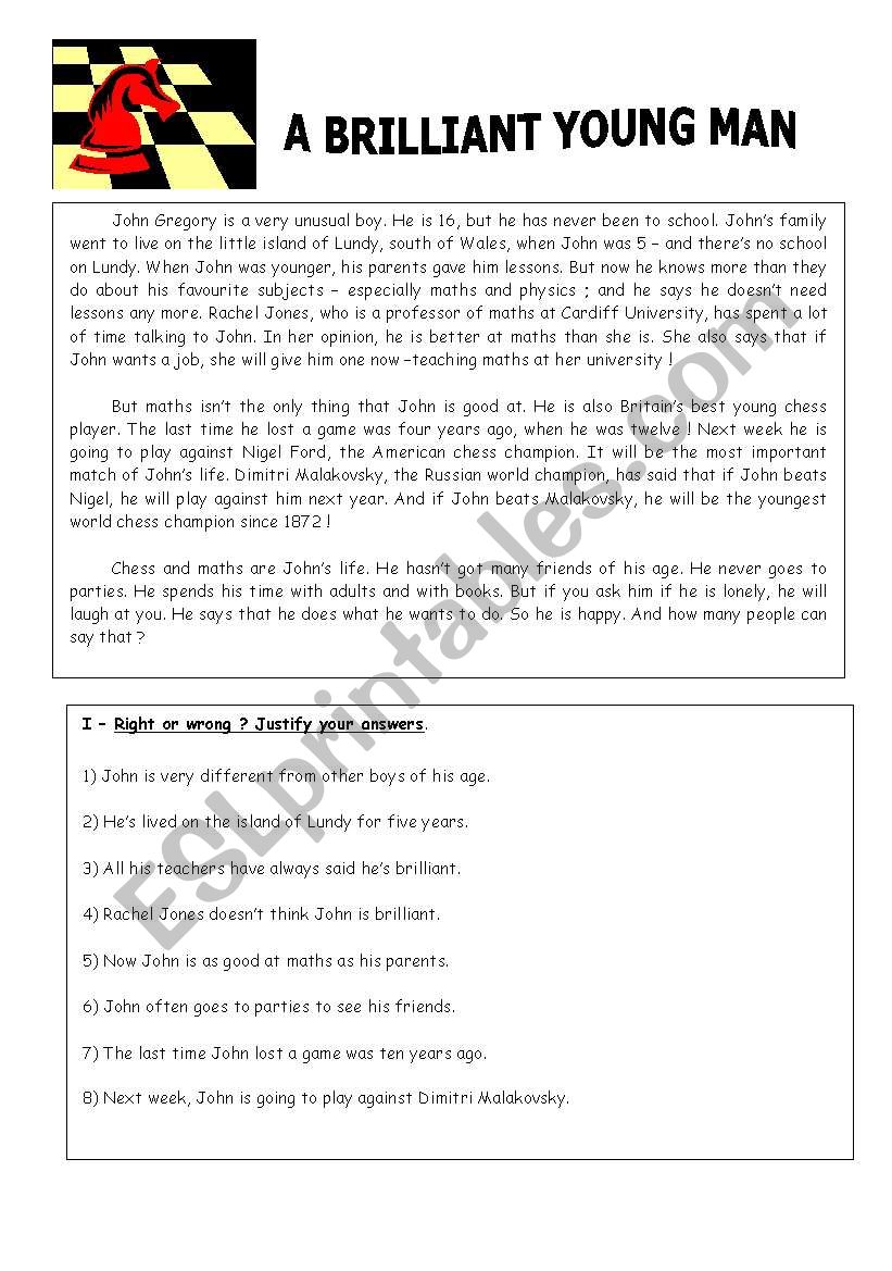 A brilliant young man worksheet