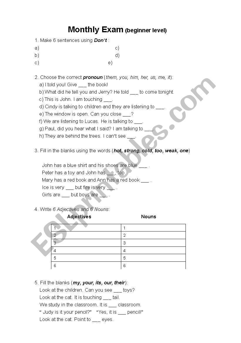 Short Test -pronouns, nouns, adjectives,