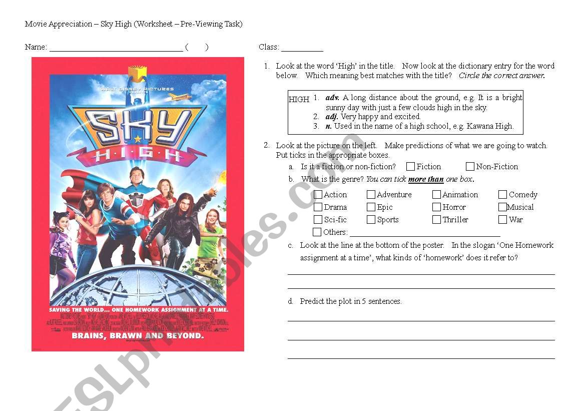 Sky High - Pre-Viewing Worksheet