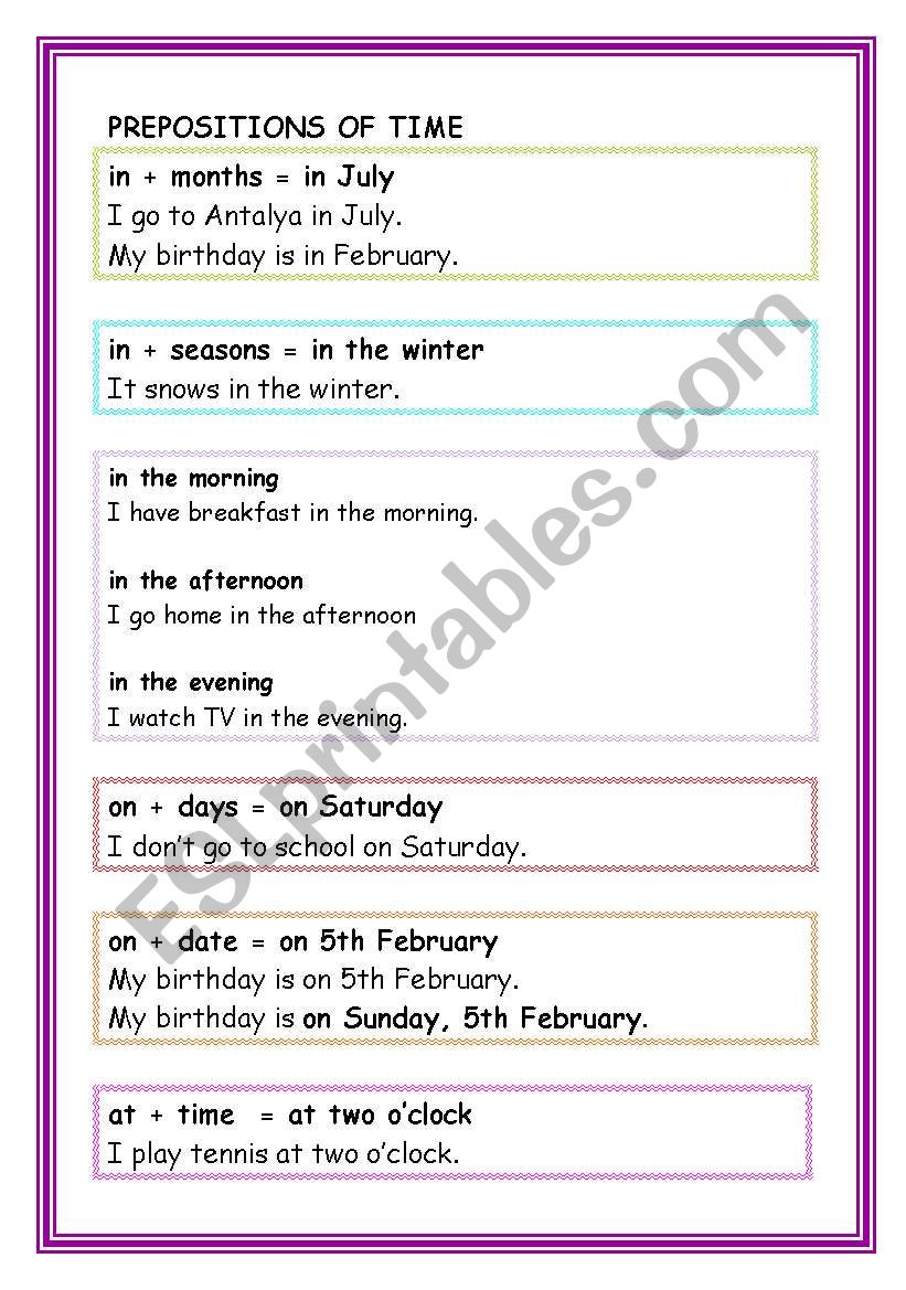 PREPOSITIONS OF TIME worksheet