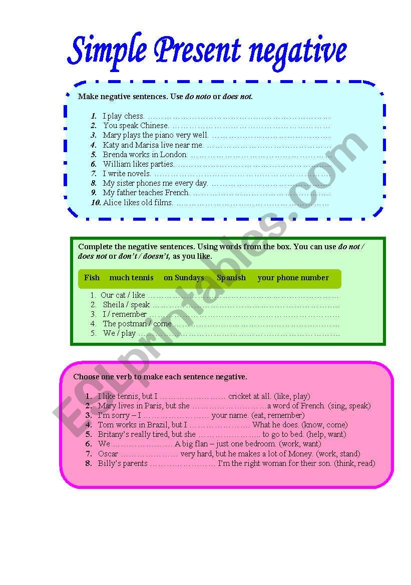 SIMPLE PRESENT NEGATIVE worksheet