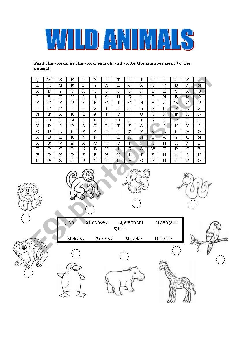 Wild animals word search worksheet