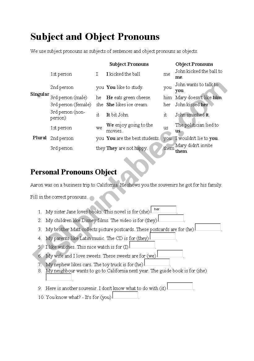 Subject and object pronoun worksheet
