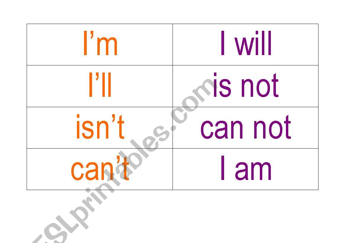 Contraction word match worksheet