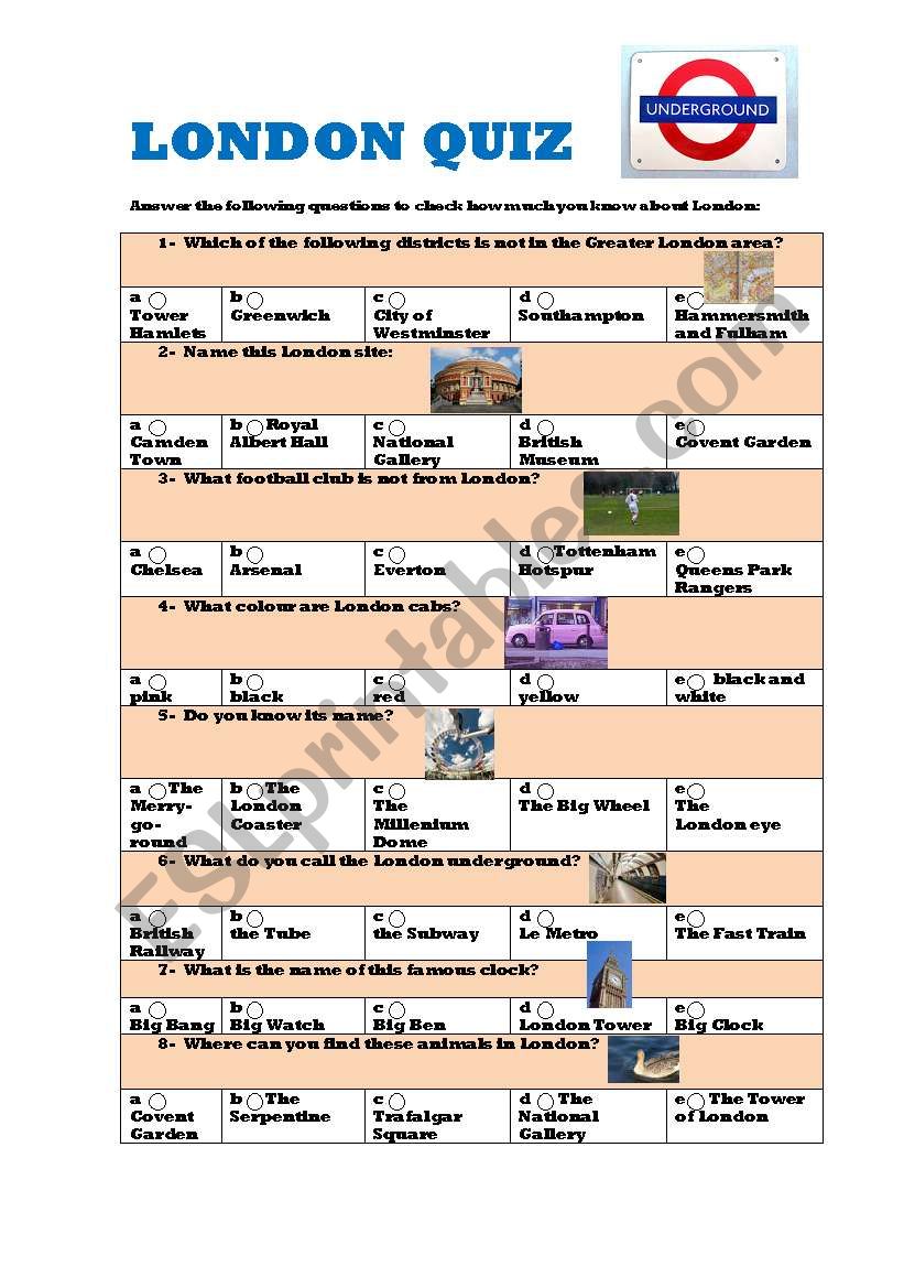 LONDON QUIZ (easy MULTIPLE CHOICE with answers)