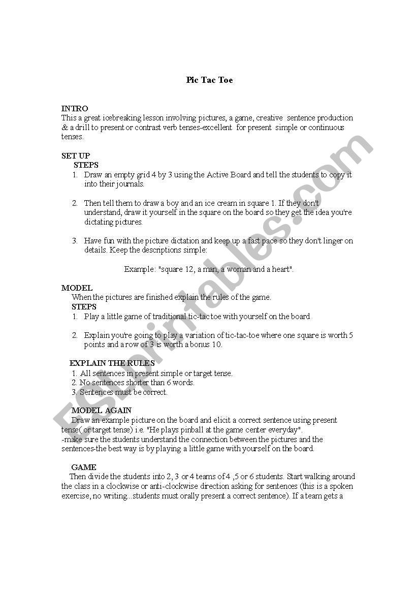 Pic Tac Toe worksheet