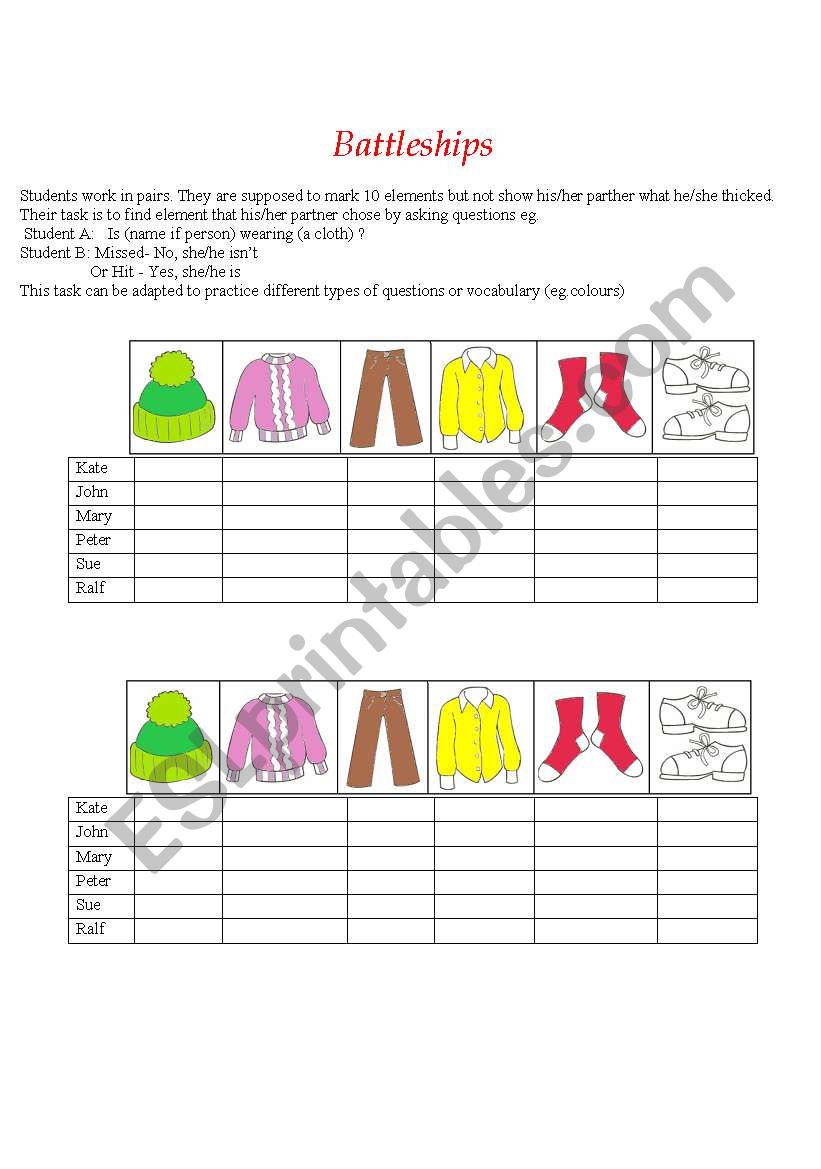 Battleships-clothes worksheet