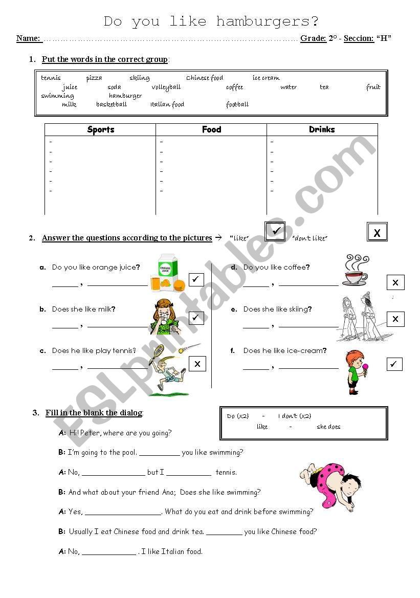 Do you like hamburgers? worksheet