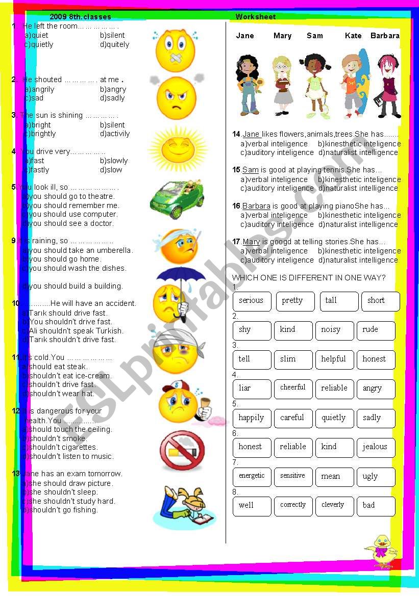 A test about adjectives/adverbs, should and multiple intelligence