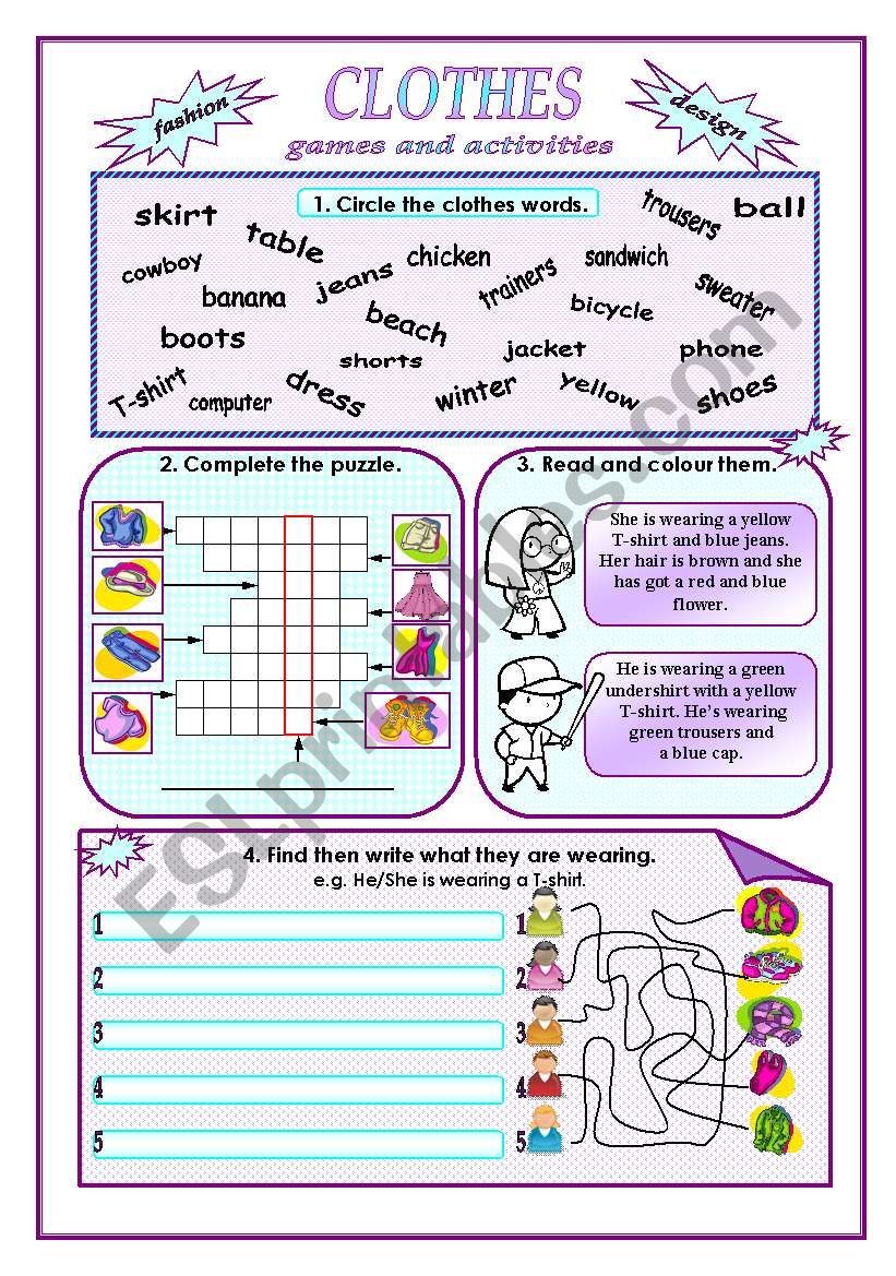 Clothes:games and activities. worksheet