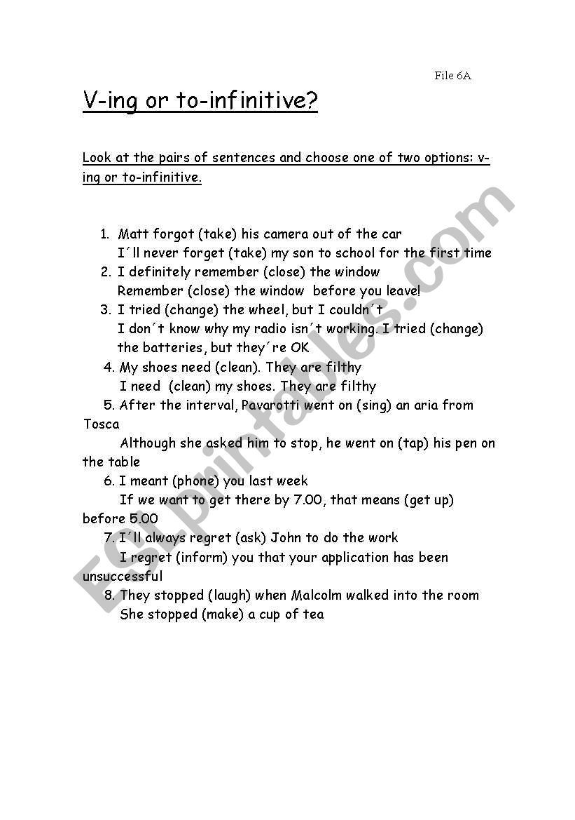 V-ing or to-infinitive worksheet