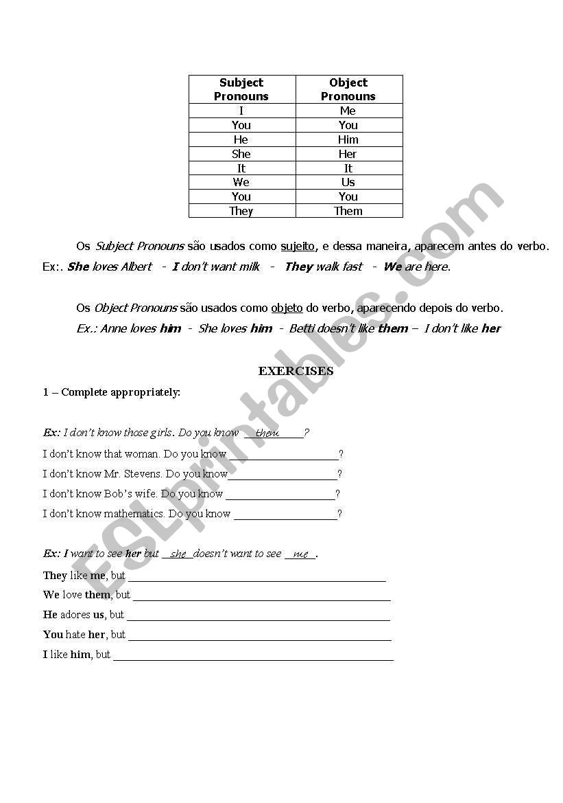 Subject / Object Pronouns worksheet